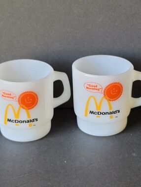 Vintage Anchor Hocking Fire King McDonald's Milk Glass Mugs Set of 2